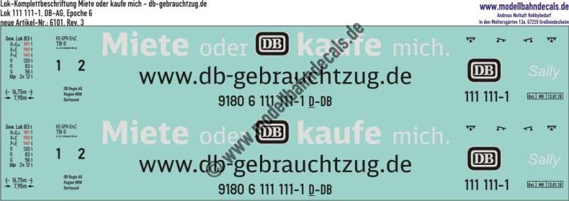 Nass-Schiebebilder: Lok-Komplettbeschriftung Miete oder Kaufe mich - DB Lok 111 111-1 - Taufname Sally, Epoche 6. Artikel-Nummer: 6101